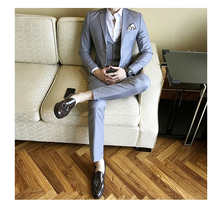 (Куртка + брюки + жилет) Новый мужской однотонный тонкий костюм 3 шт. модный бутик мужской свадебный деловой мужской деловой костюм
