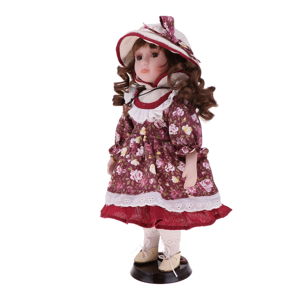 30cm Porcelain Doll Victorian Girl Standing Figures with Wooden Stand Kids Adult Collections Porcelain Dolls Collectible