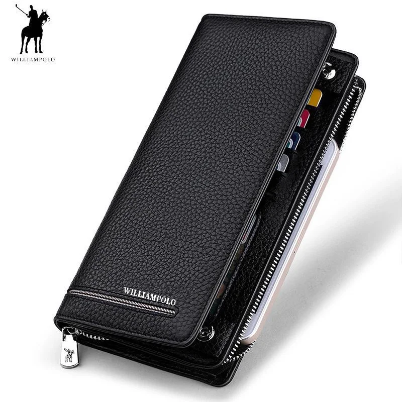 2019 wallet male genuine Leather Luxury Brand Men Zipper Wallets Long Men Purse Clutch Business Wallet WILLIAMPOLO 219