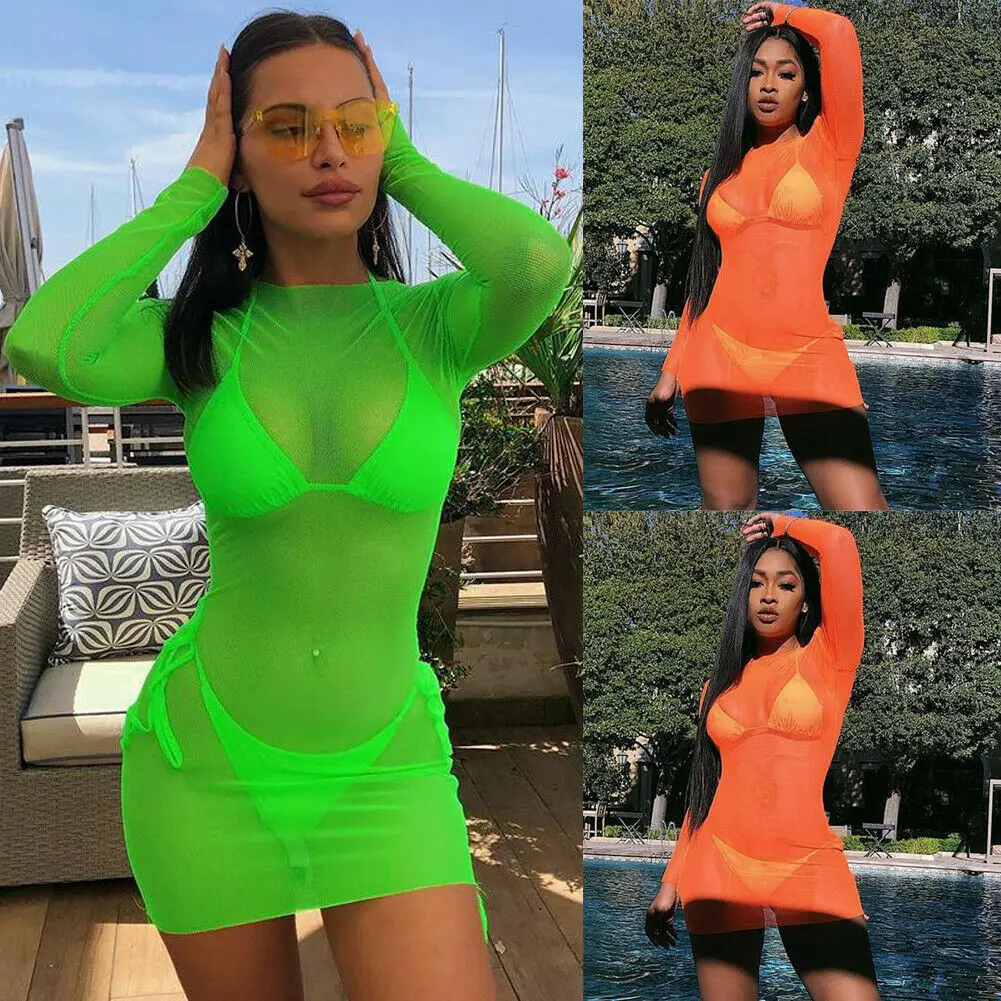 

2019 New Women's Sheer Mesh Bikini Cover Up Swimwear Swimsuit Bathing Summer Beach Dress Long Sleeve Lace Crochet Bathing Suit