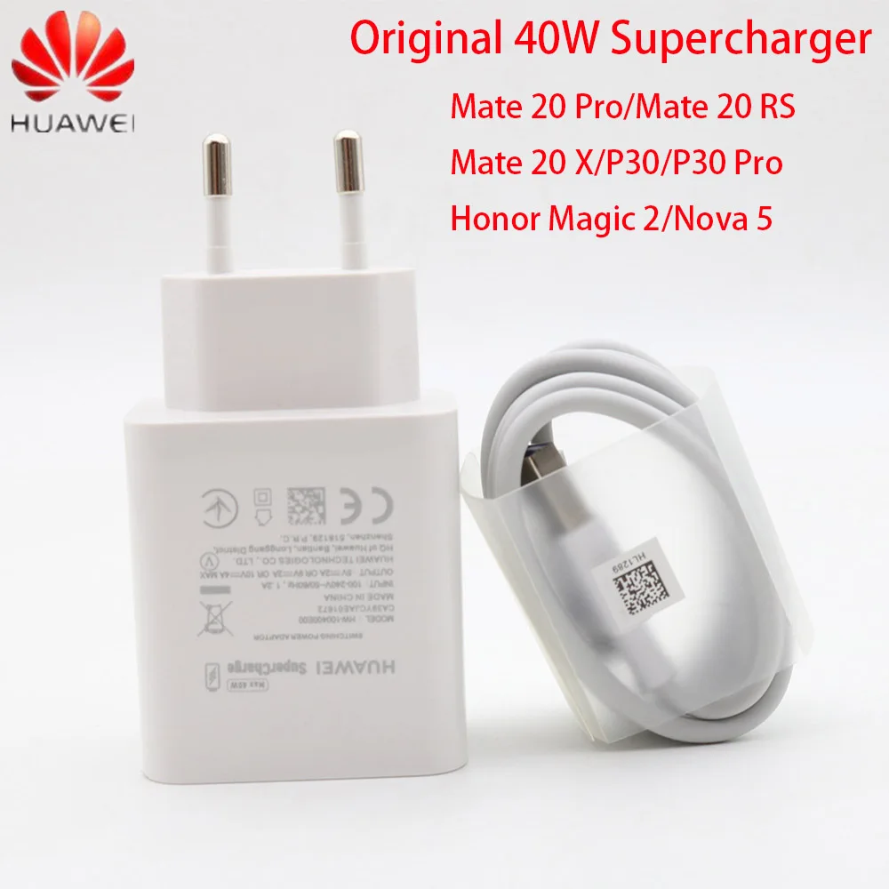 

HUAWEI P30 Pro Fast Charger Mate 20 10 Pro Magic 2 Supercharge Quick Travel Wall Adapter 10V/4A Type-C 3.0 USB Cable 1M Original