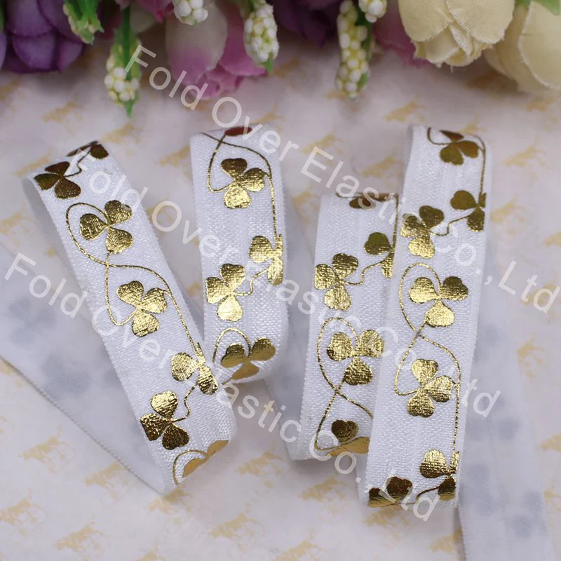 

5/8 inch gold foil fold over elastic for St . Patrick's Day, gold foil lucky covers, shiny foe elastic ribbon free shipping