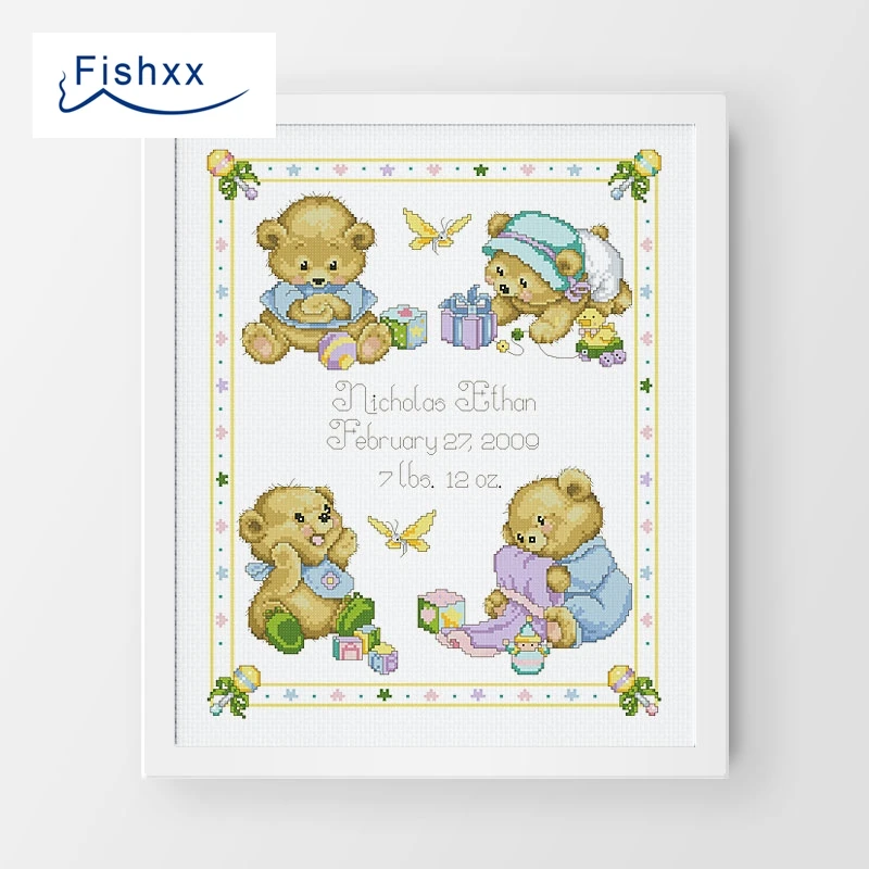 

Fishxx Cross Stitch T973 Cute Cartoon Bear Baby Date of Birth DIY Alphabet European Style Kids Room Decoration Kit