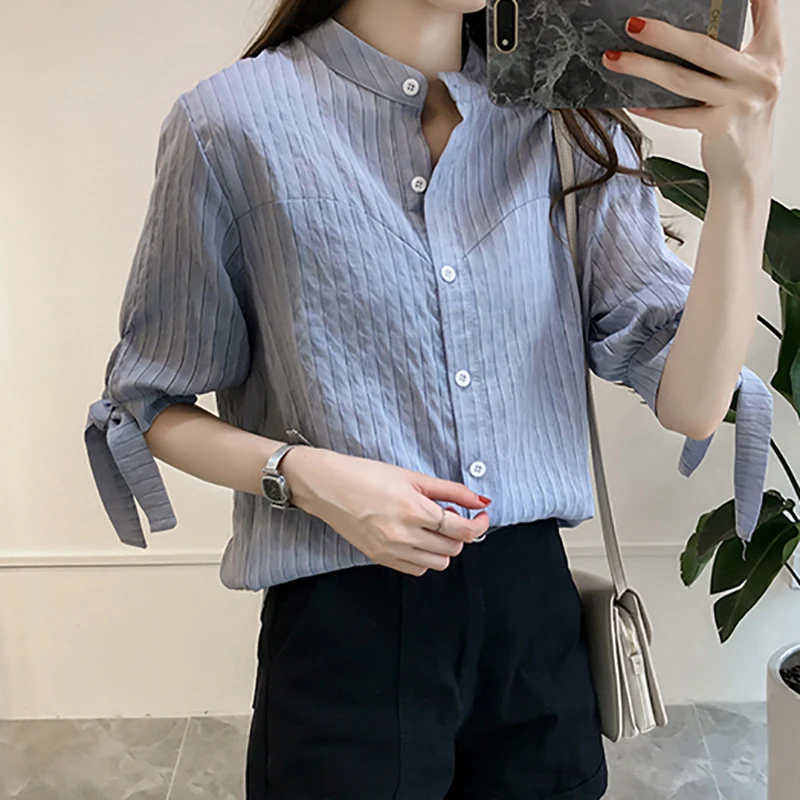 

Shintimes Striped Chiffon Blouse Women Shirts 2019 Button Korean Fashion Clothing Woman Blouses Bow Short Sleeve Chemise Femme