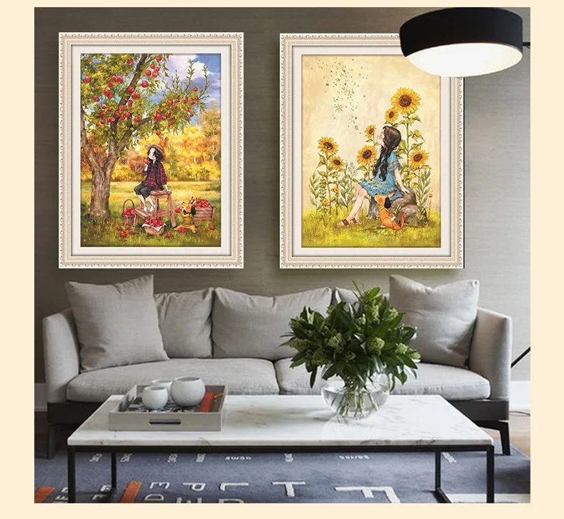 

Needlework,DMC cross-stitch,Full embroidery kit,cartoon apple tree sunflower girl print pattern cross stitch children gift