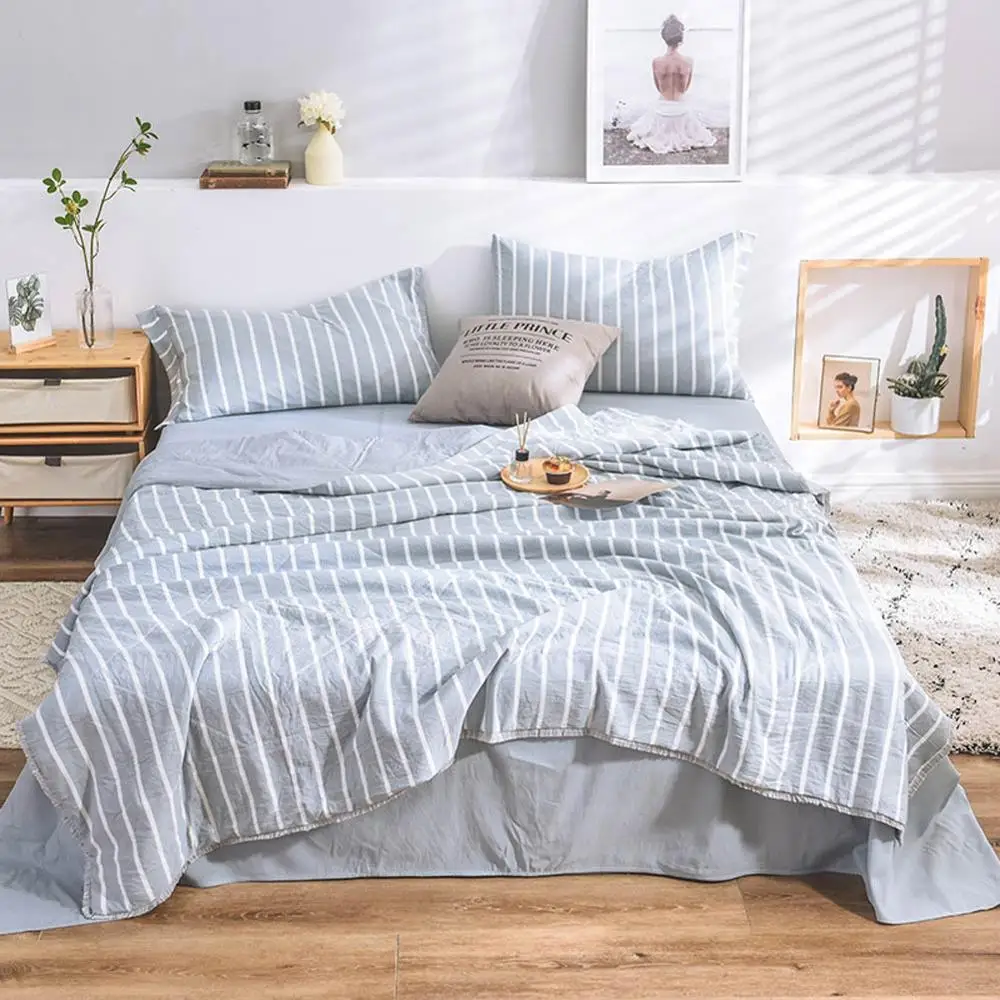 

2019 Light Blue Stripes INS Lines 4pcs Thin Summer Comforter Bedding Sets Wash Polyester Bedlinens Flat sheet Pillowcases