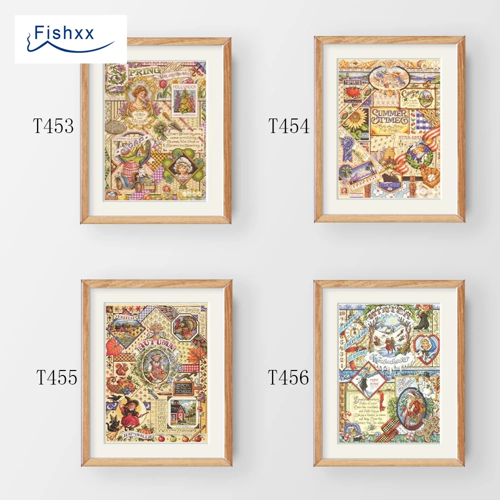 

Fishxx Cross Stitch Kit T453-456 JAN Square Four Figures Spring Summer Autumn Winter Four Seasons Sampler Hand Embroidery