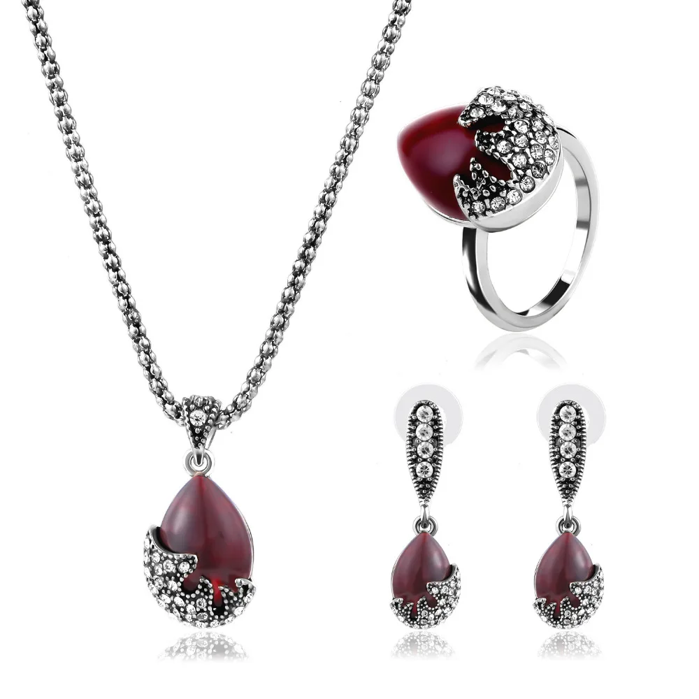 

New Turkish alloy jewelry set exquisite rhinestone maxi necklace Ethnic Jewelry trendy women crystal earring ring gift