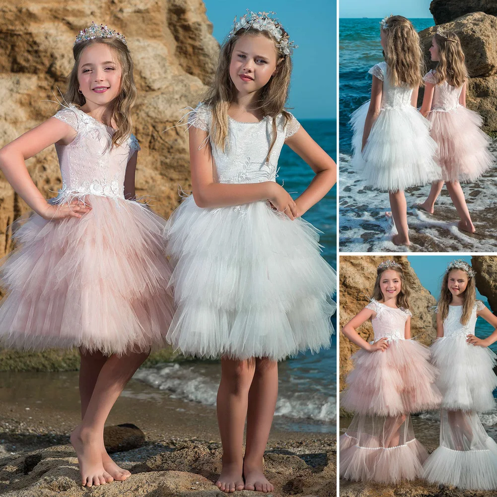 Кружевное платье-пачка для девочек Детские платья для девочек, детские Вечерние платья на свадьбу элегантное платье с перьями для девочек, вечернее платье