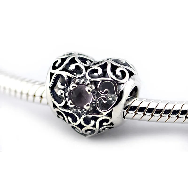 Подходит для Pandora талисманы браслеты февраля Подпись сердце бусины с аметистом 925 пробы 100% серебряные ювелирные изделия Бесплатная