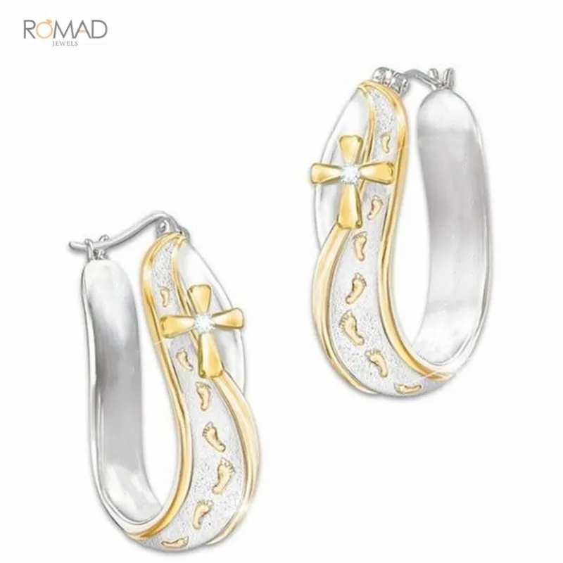 

Romad Silver Crystal Hoop Earrings Gold Cross Loop Footprint Earings For Women Statement Jewellery