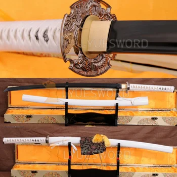

LYUESWORD Full Tang Samurai Katana Sword Hand Crafted Damascus Black Folded Steel Blade Sharp Edge Dragon Tsuba White Saya