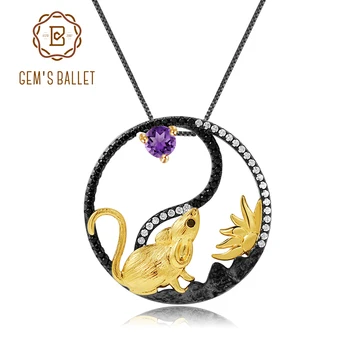 

GEM'S BALLET Natural Amethyst Gemstone Chinese Zodiac Jewelry For Women 925 Sterling Silver Golden Rat Animal Pendant Necklace