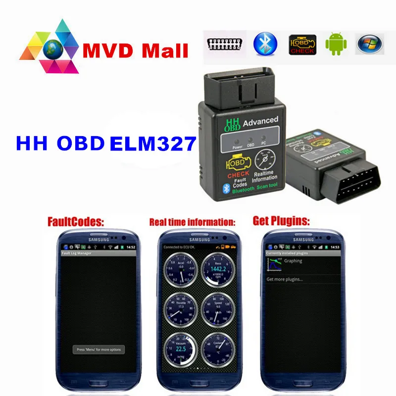 Лучшее качество Bluetooth ELM327 HH OBD 2 II автомобильный диагностический инструмент HH ELM 327 V2.1 OBD2 сканер адаптер Android Крутящий момент