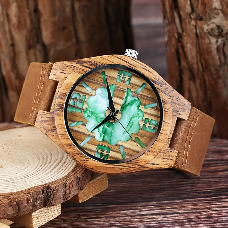 Top Gifts Wooden Watches for Men Vintage Coffee Unique Marble Dial Men's Watch Zebra Wood Green Quartz Analog Watch Reloj Hombre 2018 (9)