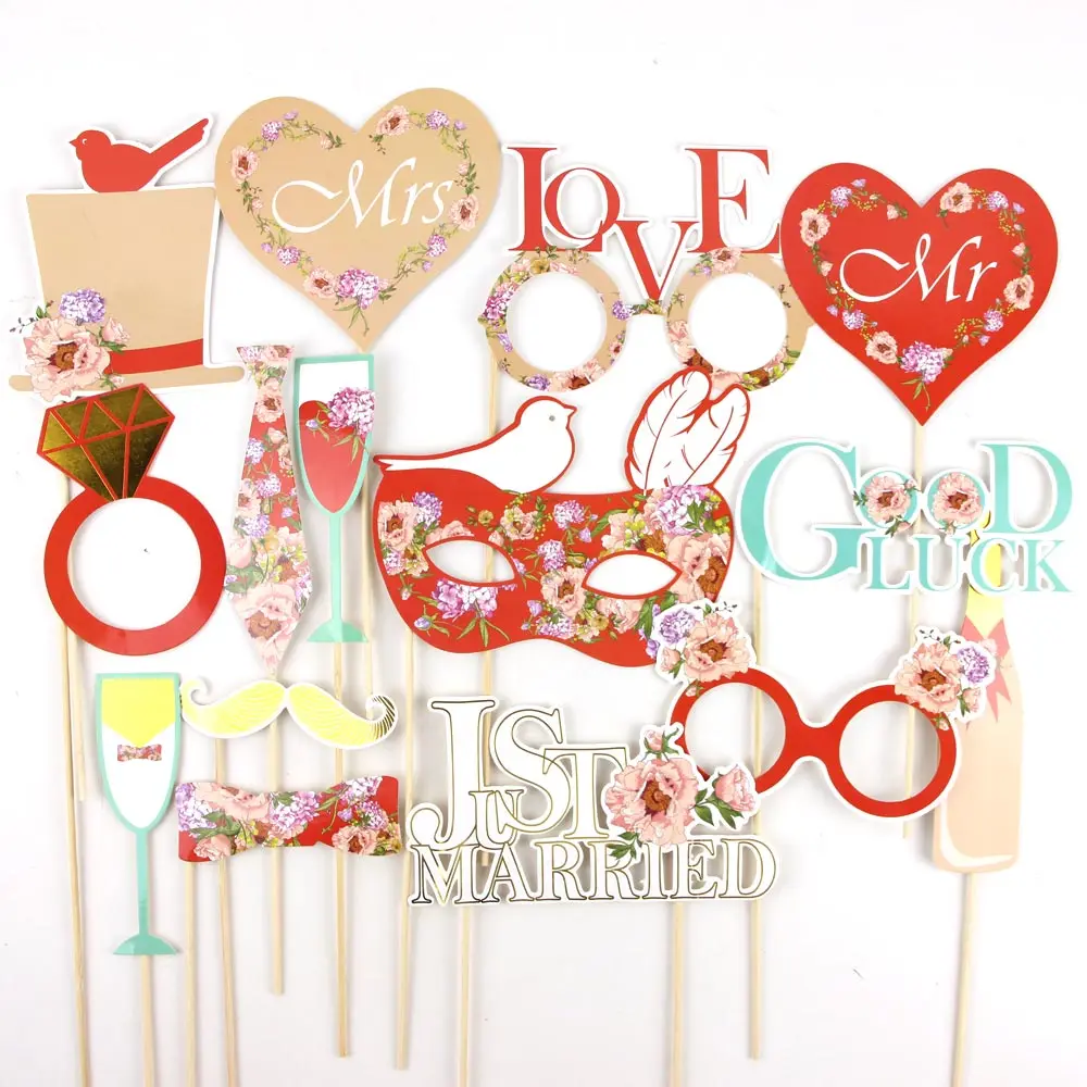 

15pcs Red Wedding Photo Booth Props Kit with Gold Foiled Edge Photo Props on a Stick Wedding Signs Outdoor Photography