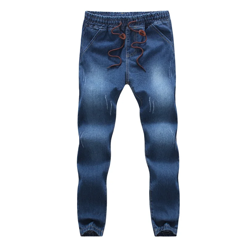 Мода г. Повседневное однотонные синие джинсы джоггеры эластичный пояс шнурок для мужчин промывают хип хоп дамские шаровары Лидер продаж
