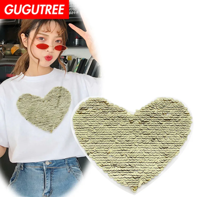 

GUGUTREE embroidery Sequins big love heart patches love patches badges applique patches for clothing XC-165