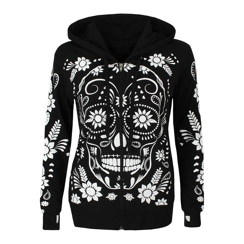  Punk Skull Hoodies Women Plus Size Long Sleeves Hooded Sweatshirts Woman Zipper Feminino Outerwear 