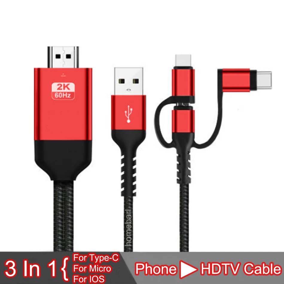 HOMEBARL 2 м 3 в 1 для iphone IOS Micro type C до 2 к HDMI HD ТВ кабель HD видеоигры цифровой ТВ AV преобразователь усилителя адаптер - Цвет: Красный