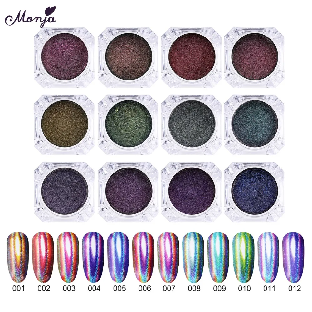 

Monja 12Colors Nail Art Chameleon Peacock Holographic Powder Mirror Effect Glitter Laser Dust Chrome Pigment DIY Decoration