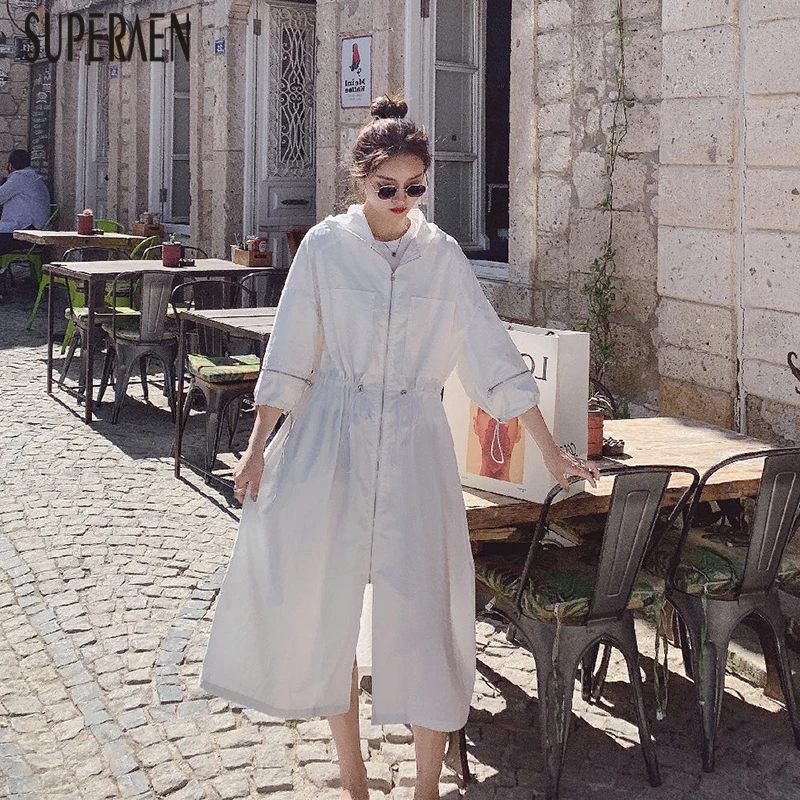 

SuperAen Hooded Drawstring Trench Coat for Women Autumn New 2019 Casual Ladies Windbreaker Fashion Women Sunscreen