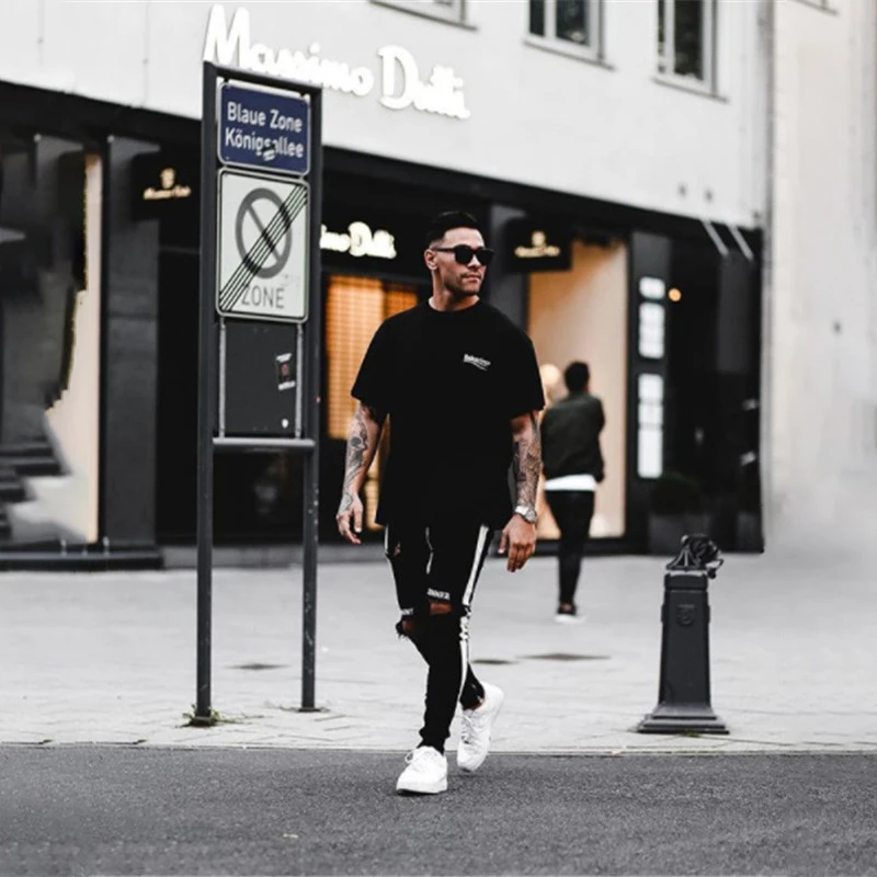Обтягивающие джинсы с высокой талией дырками уличные черные мужские полосатые