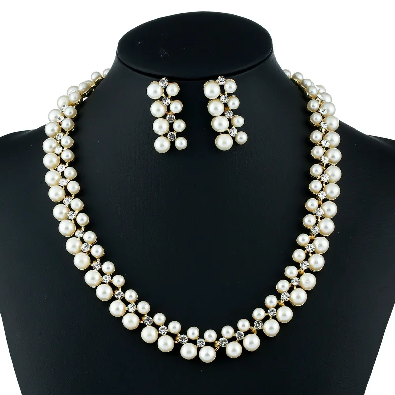 Necklace Earring set Classic Imitation Pearl necklace Gold color