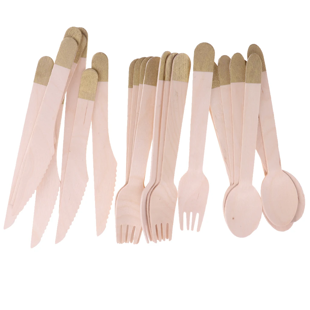 Pieces of 24 Rustic Multi Colors Wooden Cutlery Set Fork Spoon Knife Disposable Party Decorations