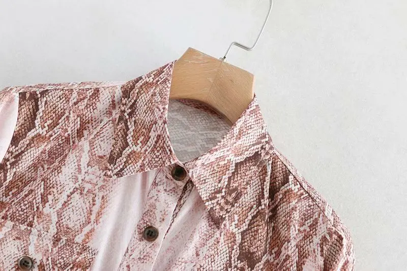 2019 Новый женский двойной карманы принт змеиной кожи платье рубашка Длинные