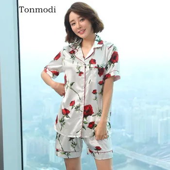 

Women's Pajamas Summer Short sleeve sleepwear Silk lovely Women lounge Pajama Set Ladies pajamas