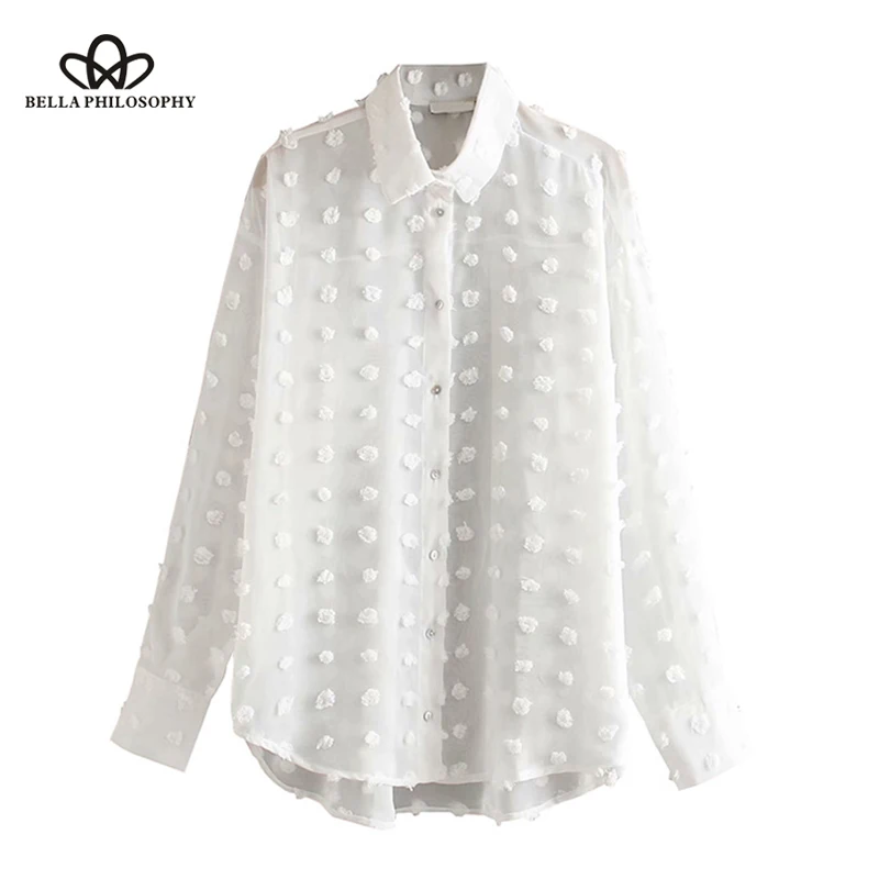 

Vintage Chic Fringed Polka Dot Appliques Loose Tops Women Shirts 2019 Fashion Semi-sheer Long Sleeve Blouses Casual Blusas Mujer