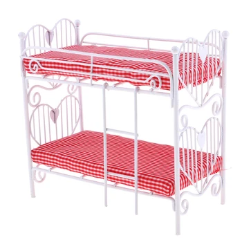 

Lovely Mini Dolls Bed Toy Two-layer Bed Furniture Dollhouse Art Princess iron Bed Accessories For Girl Gift New Year Christmas