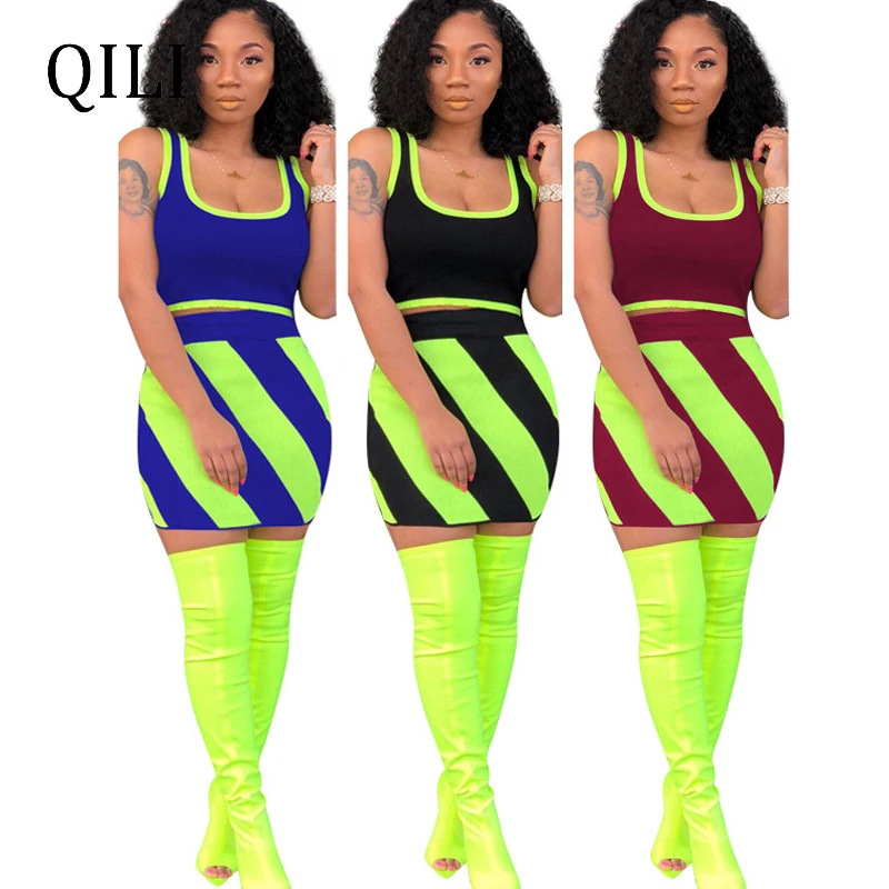 

QILI Plus Size Two Piece Set Women Dress Striped Print Sleeveless Tank Top+Bottom Sets Dresses Summer Casual Womens Short Dress