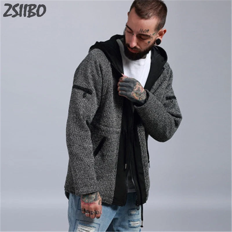 

Harajuku Men coat Winter Warm High street Long Sleeve Woolen hoodies Dovetail Sports Jacket Outwear Coats With Pockets Zipper