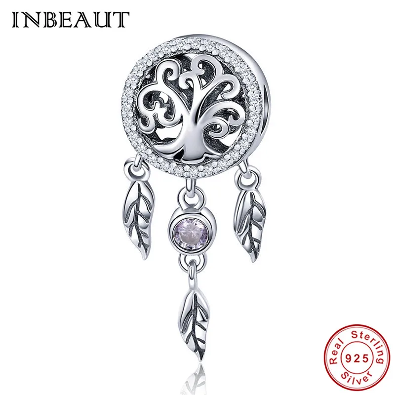 

INBEAUT Hot Sale 925 Sterling Silver Vintage Round Zircon Feather Dreamnet Tree Charm Beads fit Original Bracelet Jewelry Making
