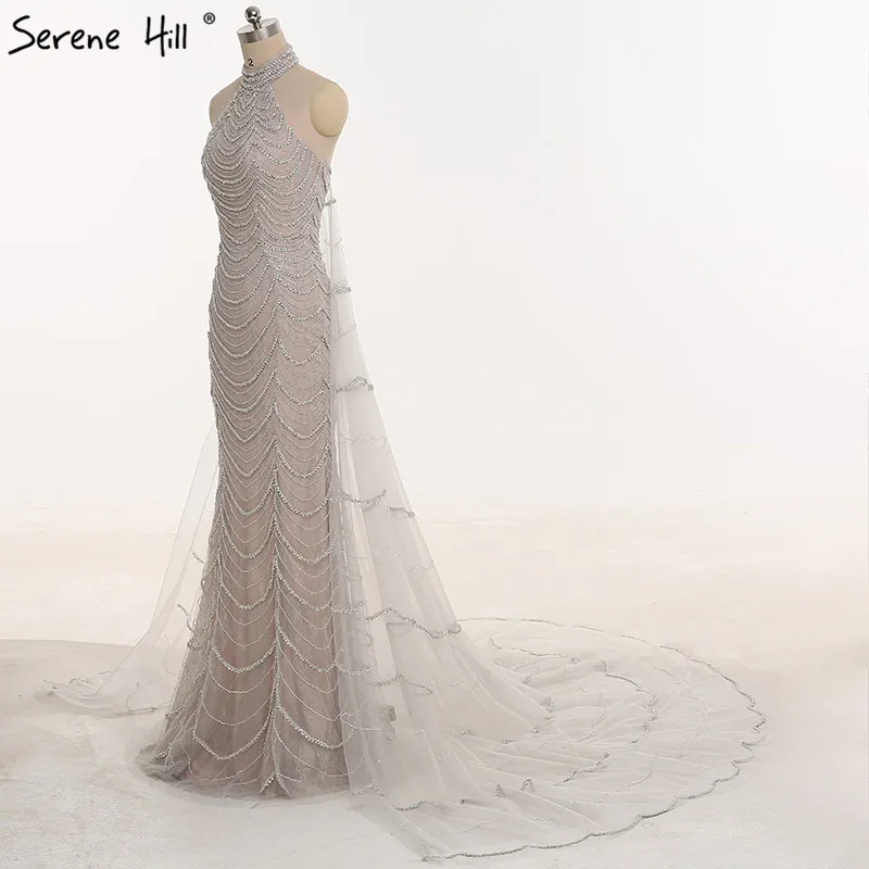 

Sexy Mermaid With Removrable Train Evening Dresses Sliver Halter Beading Crystal Elegant Evening Gowns 2019 Real Photo LA6390