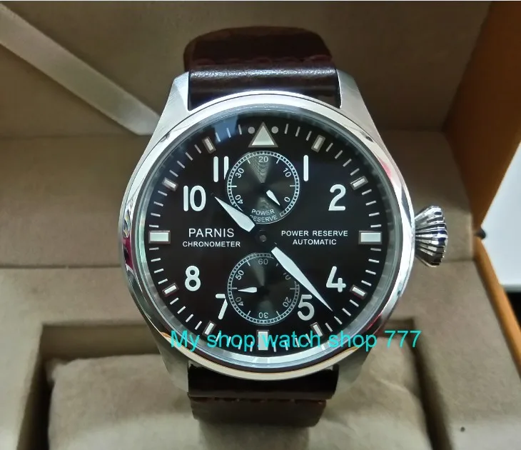 

47mm PARNIS power reserve Automatic Self-Wind Mechanical movement men's watch Black dial luminous Mechanical watches zdgd122a