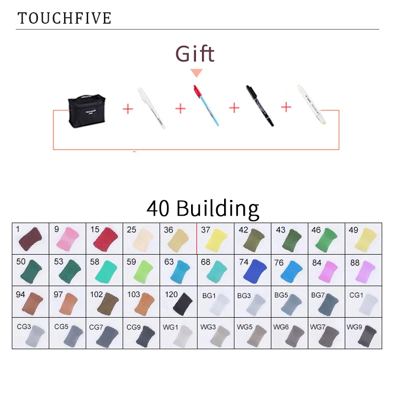 TouchFIVE 20 Вт, 30 Вт/40/60/80 Цвет маркеры манга рисунок Маркеры Ручка на спиртовой основе эскиз жирной двойной кисть товары для рукоделия - Цвет: 40 BUILDING
