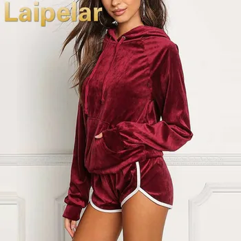 

Laipelar Autumn Velvet Tracksuits Hoodie Sweatshirt with Short Women Two Pieces Set Long Sleeve Pullover Pocket Short Pants Suit