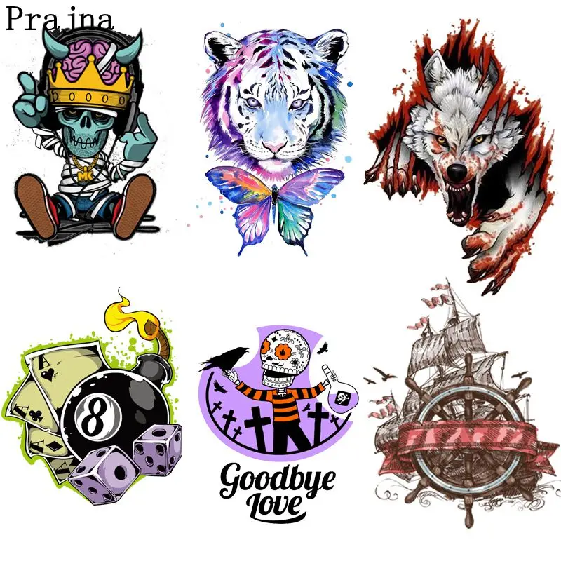 

Prajna Animal Tiger Wolf Heat Transfer Punk Style Skull Thermal Transfer Iron On Applique For Clothes Decor Wholesale 2018 New