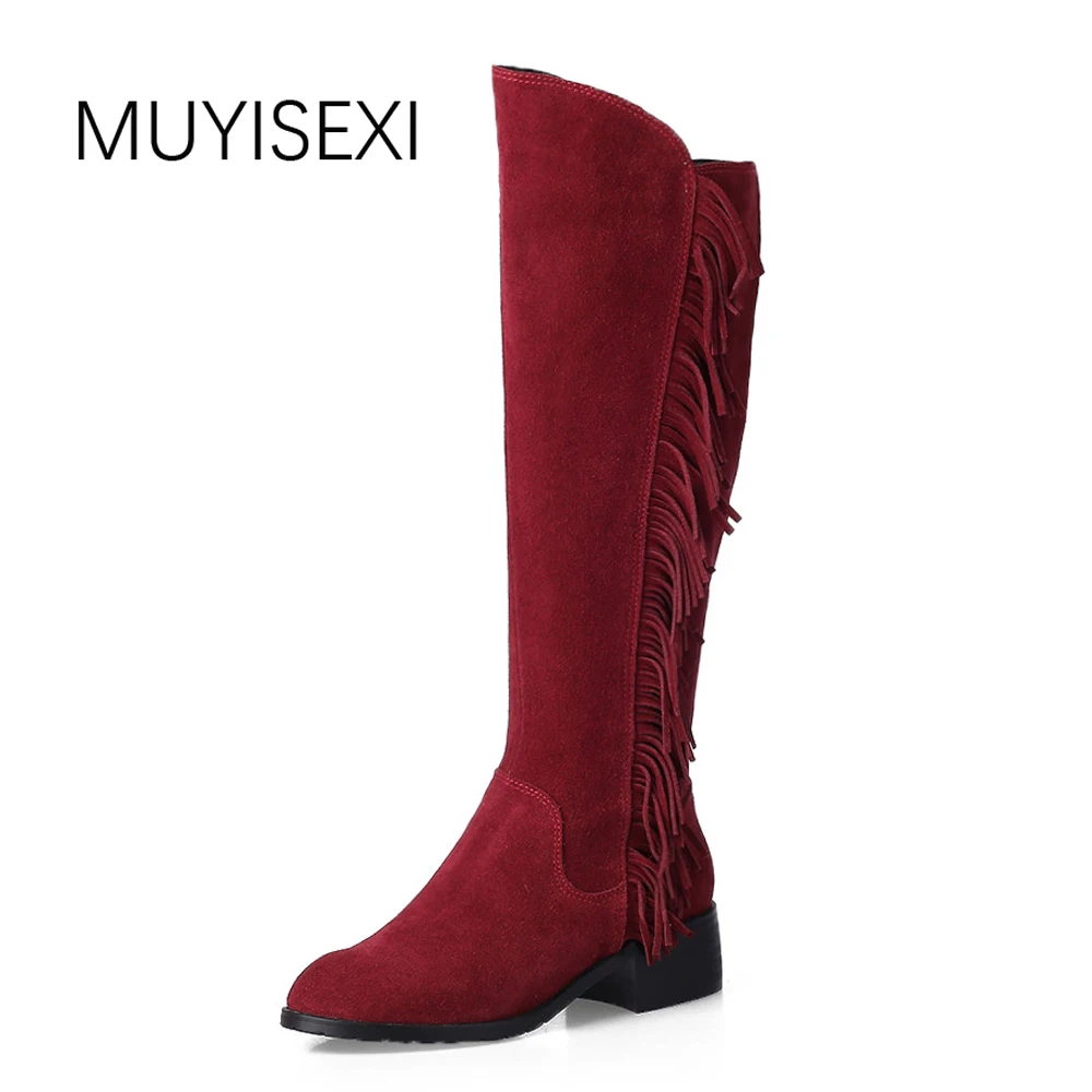 MUYISEXI Women knee high boots 100% Full Genuine Leather with fringe boots Natural Suede Leather Boots Plus Size 33-43 BLYG02