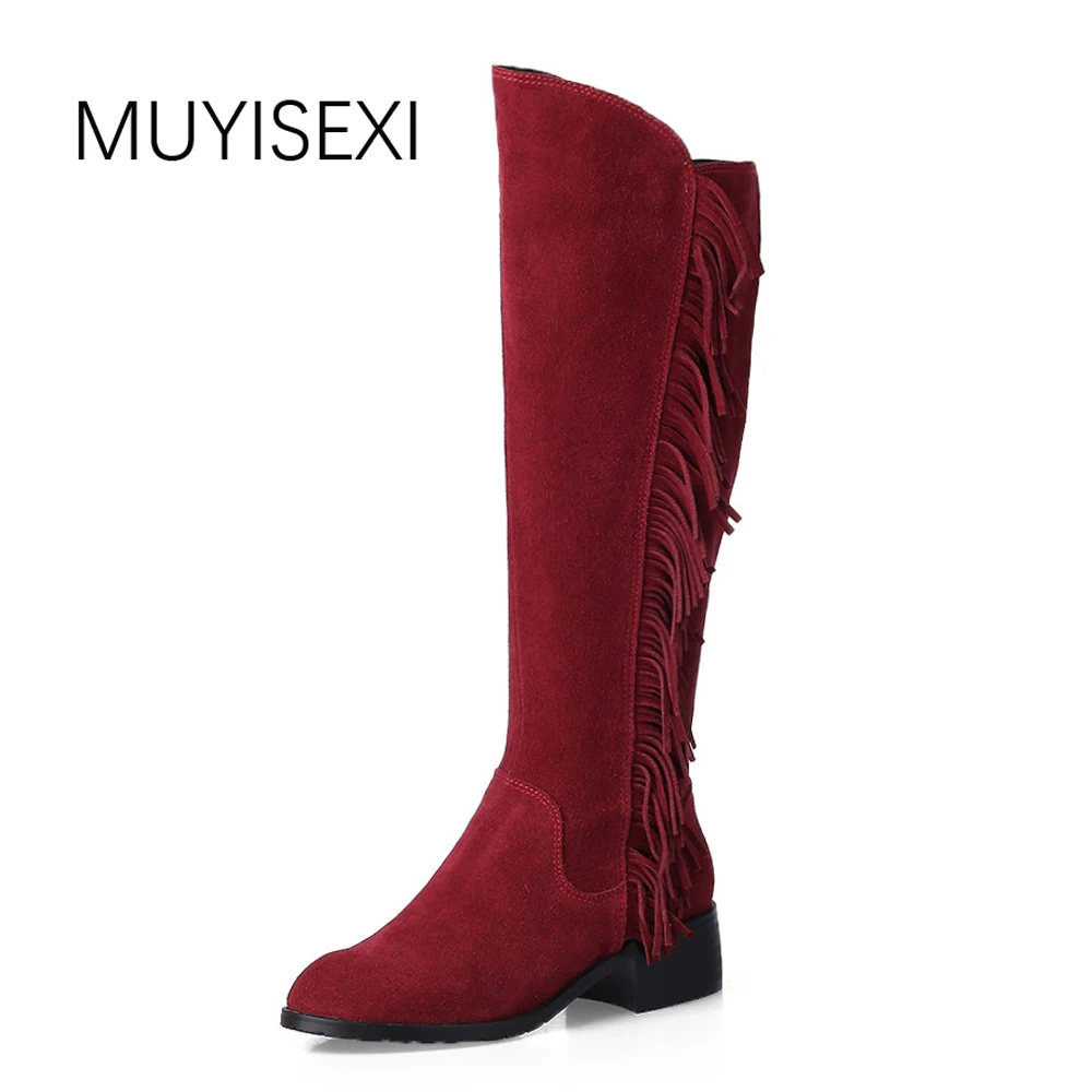 

Women knee high boots 100% Full Genuine Leather with fringe boots Natural Suede Leather Boots Plus Size 33-43 XMR02 MUYISEXI