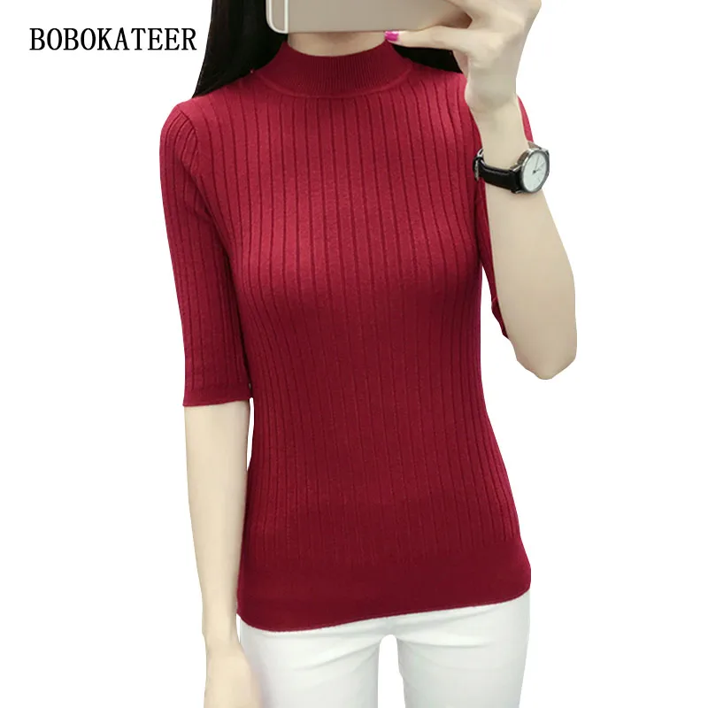 

BOBOKATEER knitted t shirt women t-shirts 2018 summer tee shirt femme sexy tshirt women tops red kawaii t-shirt poleras de mujer