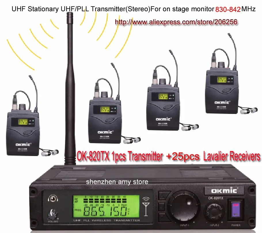 OK-820TX передатчик 25 шт. приемники беспроводной в ухо монитор система стерео наушники Семейные развлечения ТВ 830-840 МГц