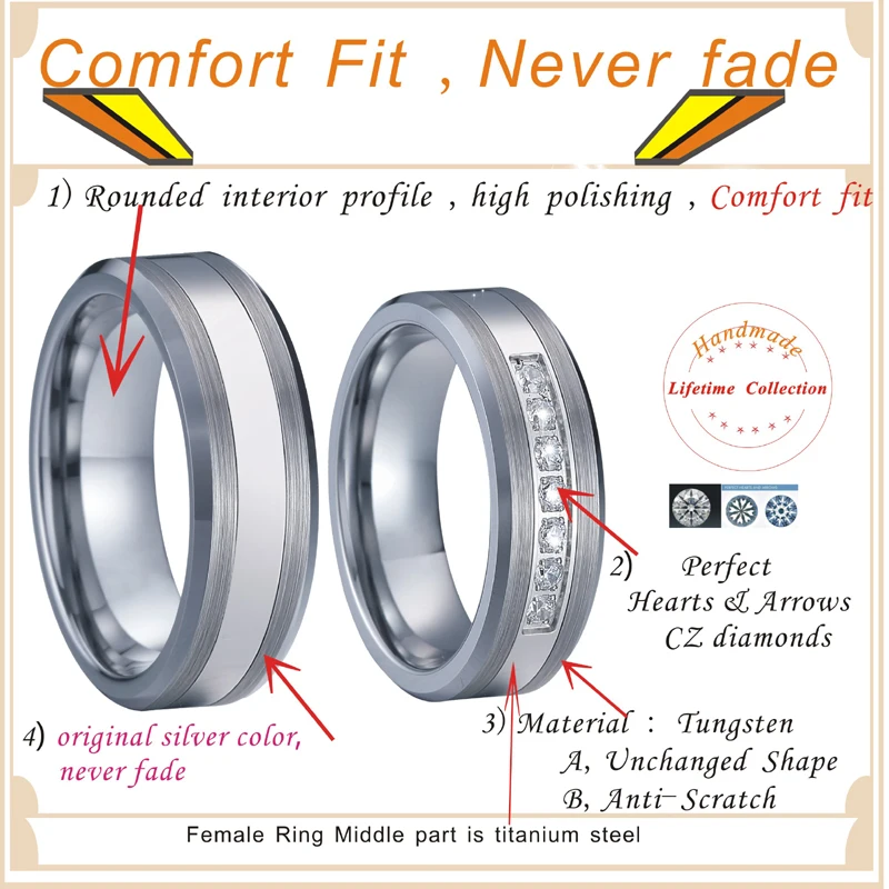Combined Titanium Tungsten Rings Men's Wedding Band silver color bague anel anillos Couple Engagement Rings for women (4)