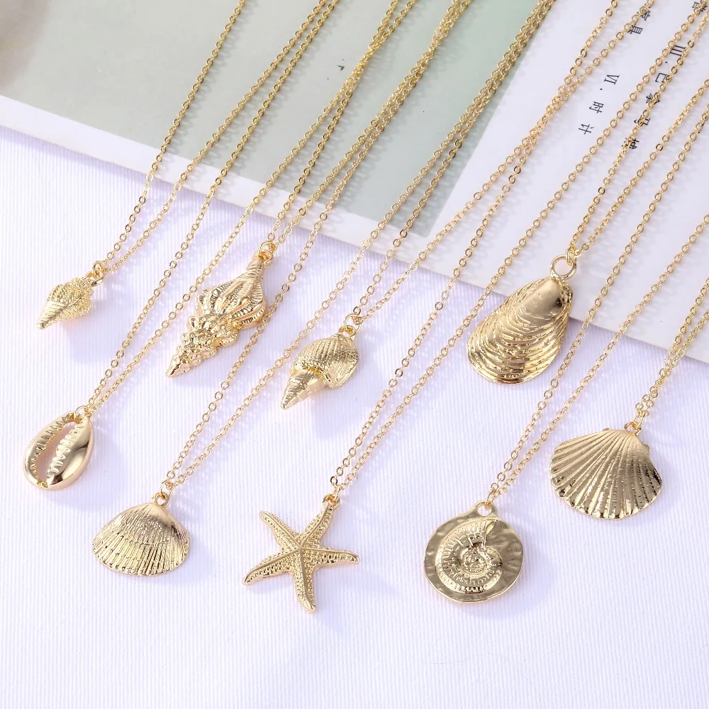 

2019 New Fashion Gold Color Alloy Cowrie Shell Necklace for Women Conch Chain Pendant Necklace Summer Jewelry Starfish Collar