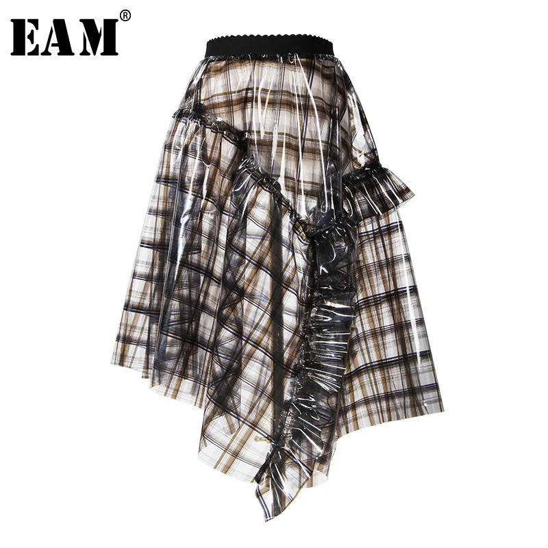 

[EAM] 2019 New Spring High Waist Plaid Asymmetric Length Spliced Ruffles PVC Half-body Skirt Women Fashion Wild LA752