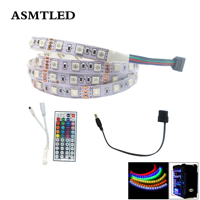 

PC Computer Case SATA Power Supply Interface Adhesive Tape Lamp 12V 5050 RGB Flexible LED Strip light With 24Key 44Key IR Remote