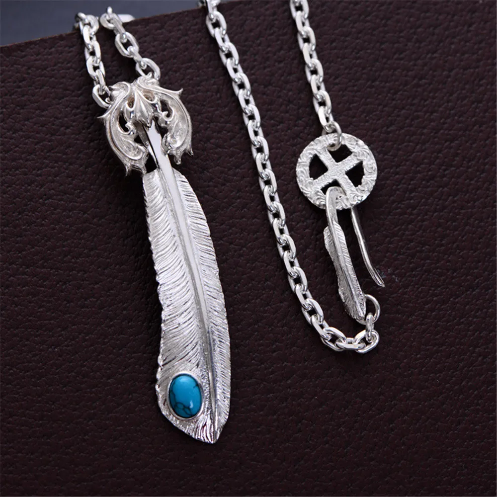 

HFANCYW Solid 925 Silver Feather Pendant for Lovers with Silver Chain Necklace Inlay Synthetic Blue Stone Jewelry Dropship